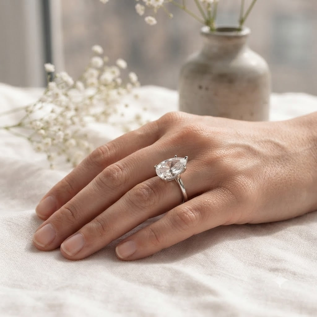 Designer Solitaire Teardrop Silver Rhinestone Copper Cocktail Ring Bulk