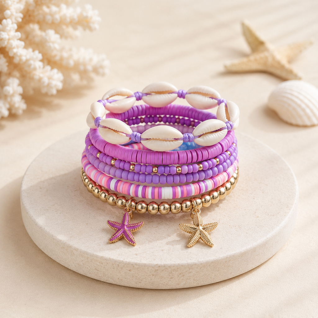Purple Shell & Starfish Layered Gold Plated Beads Alloy Bracelet Bulk