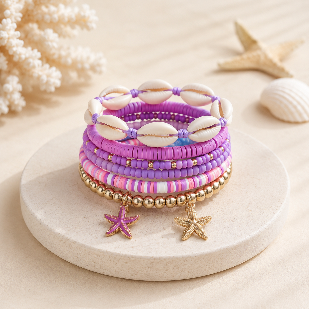 Purple Shell & Starfish Layered Gold Plated Beads Alloy Bracelet Bulk