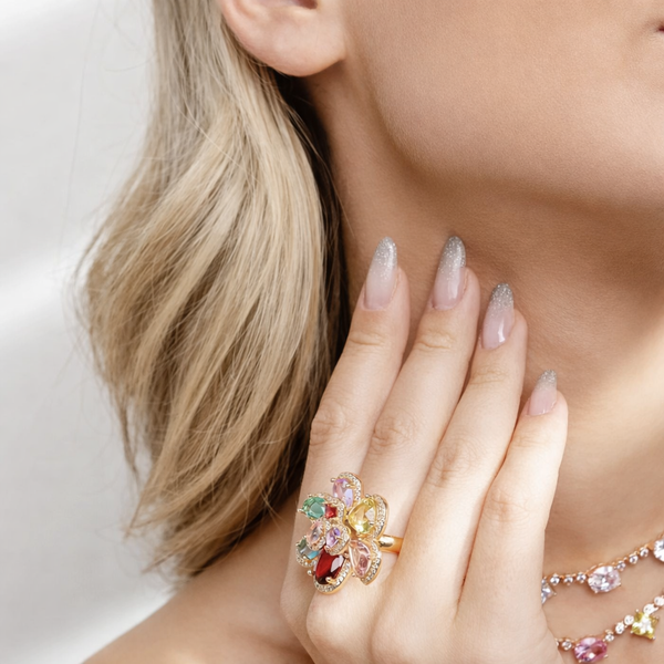 Bulk Blue Multi Color Flower Gold CZ Copper Adjustable Cocktail Ring Secondary image