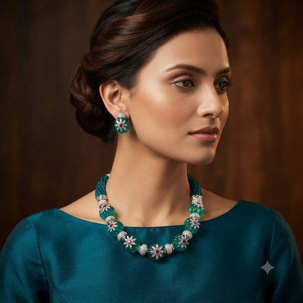 Designer Floral Green Beads Gold Silver Copper Necklace Earring Set Bulk Main image