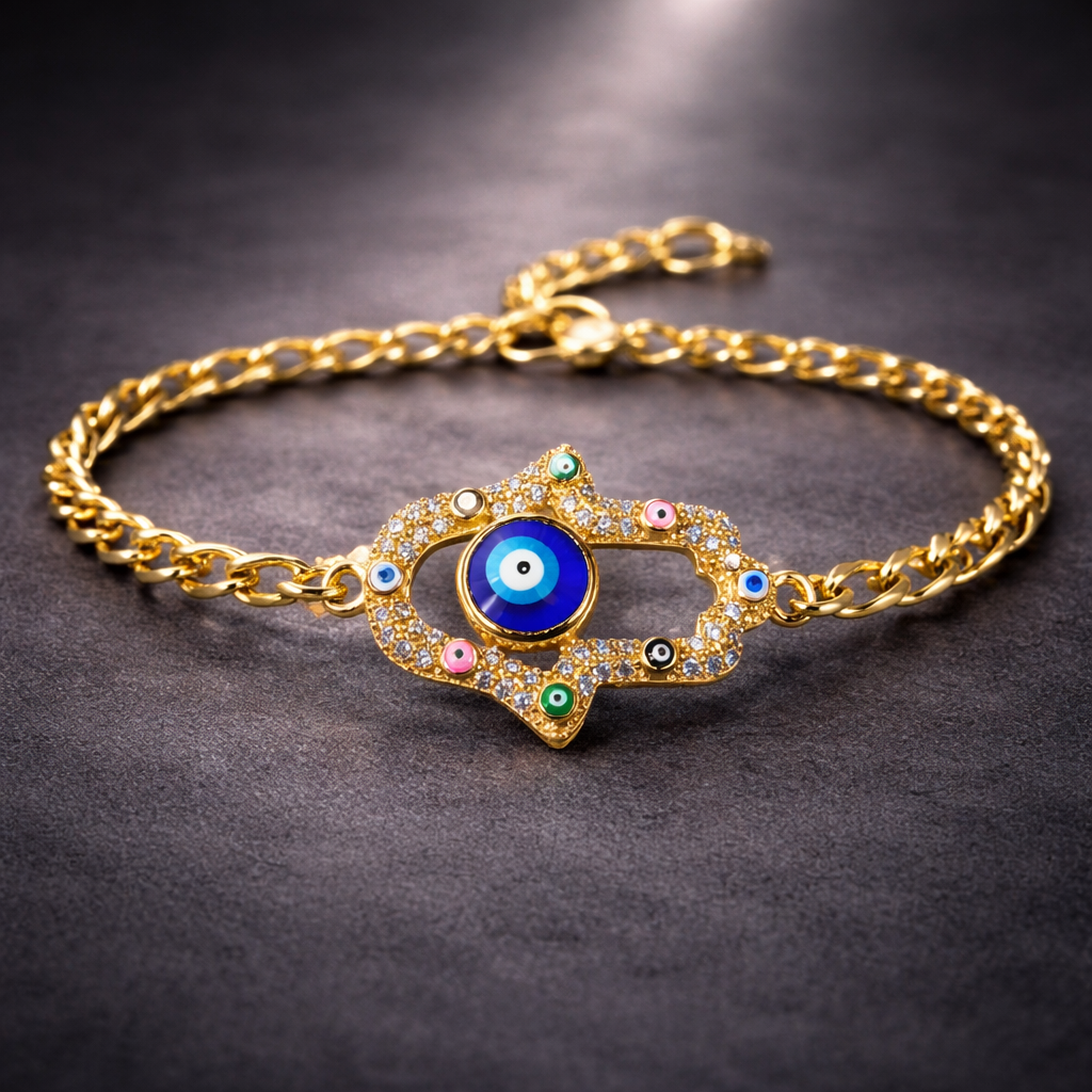 Bulk Blue White Hamsa Evil Eye Gold CZ Anti Tarnish Copper Bracelet