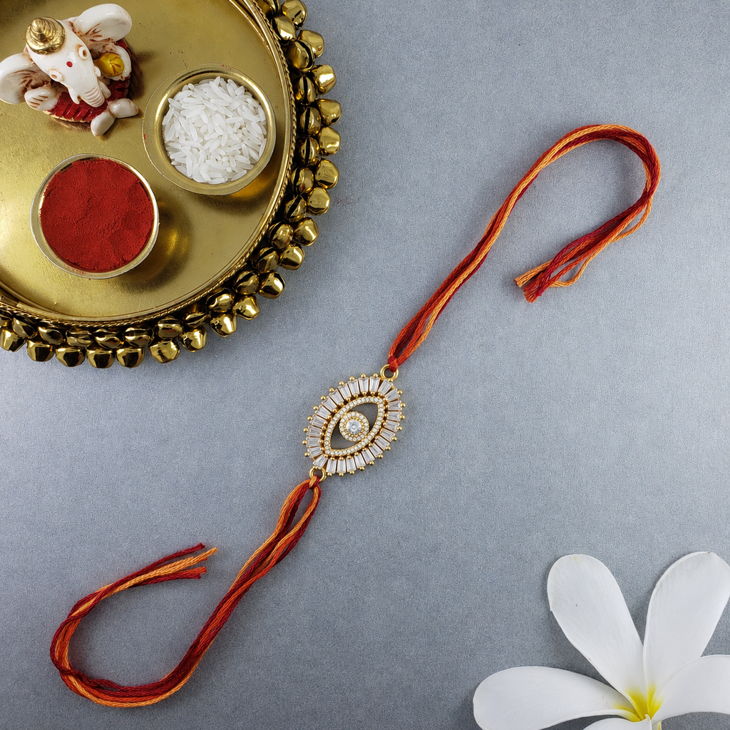 Premium Evil Eye Gold Plated CZ Red Orange Thread Rakhi For Men Bulk