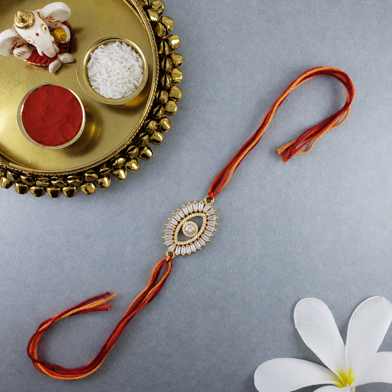 Premium Evil Eye Gold Plated CZ Red Orange Thread Rakhi For Men Bulk