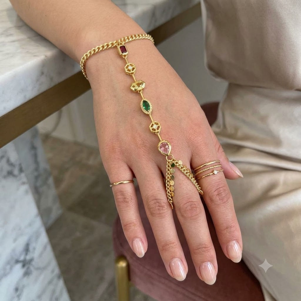 Multi Color Gemstone Hand Harness Gold Plated CZ Copper Bracelet Bulk