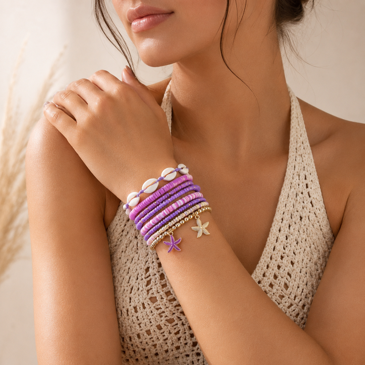 Purple Shell & Starfish Layered Gold Plated Beads Alloy Bracelet Bulk