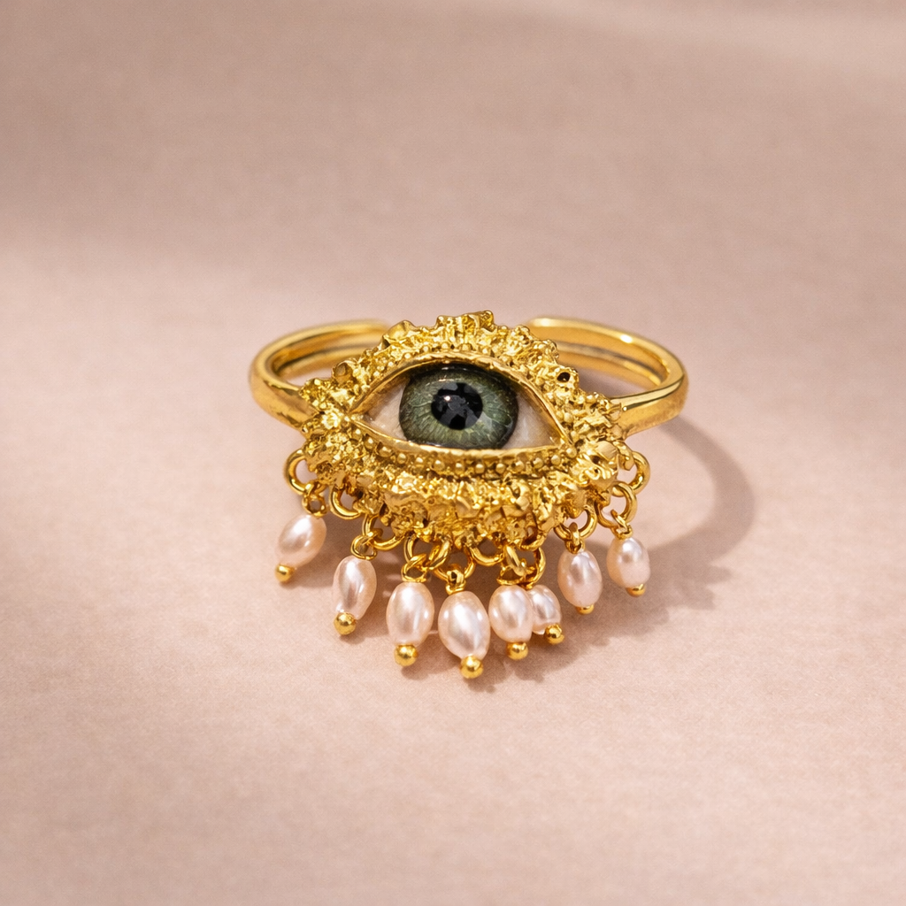 Wholesale Green Evil Eye Gold Silver Pearl Beads Adjustable Fancy Ring