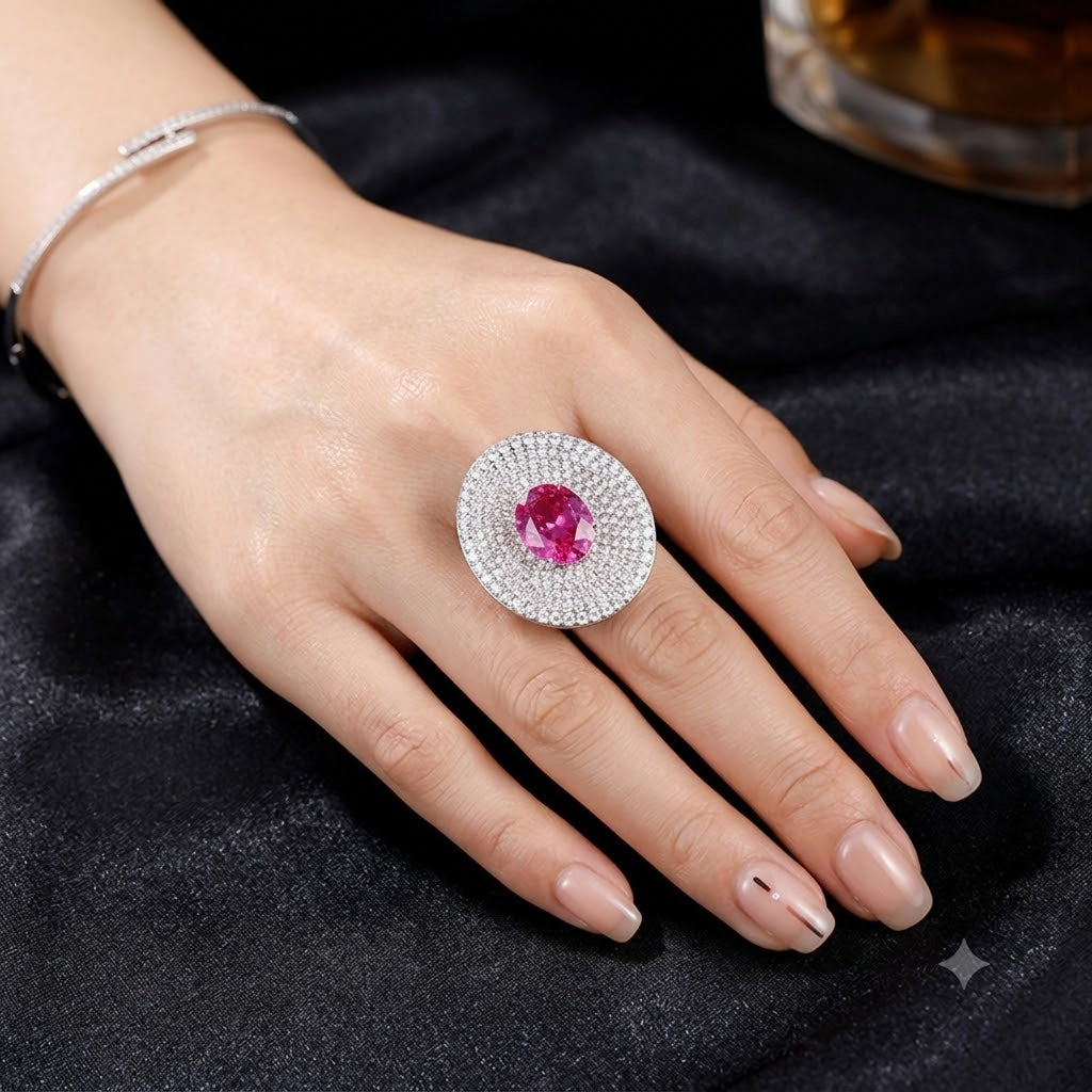 Ruby Pink Oval Silver Plated CZ Copper Anti Tarnish Cocktail Ring Bulk