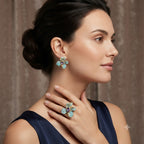 Floral Gold Turquoise Purple CZ Copper Stud Earrings & Ring Set Bulk