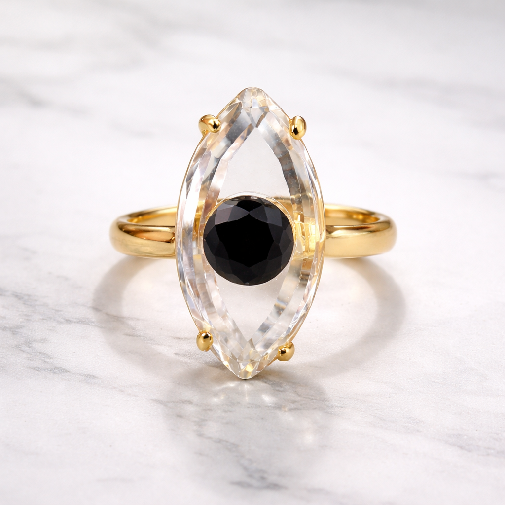 White Marquise Evil Eye Gold Crystal Copper Adjustable Fancy Ring Bulk