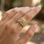 Designer Dual Tone Gold Silver Multi Layer CZ Copper Adjustable Ring Bulk