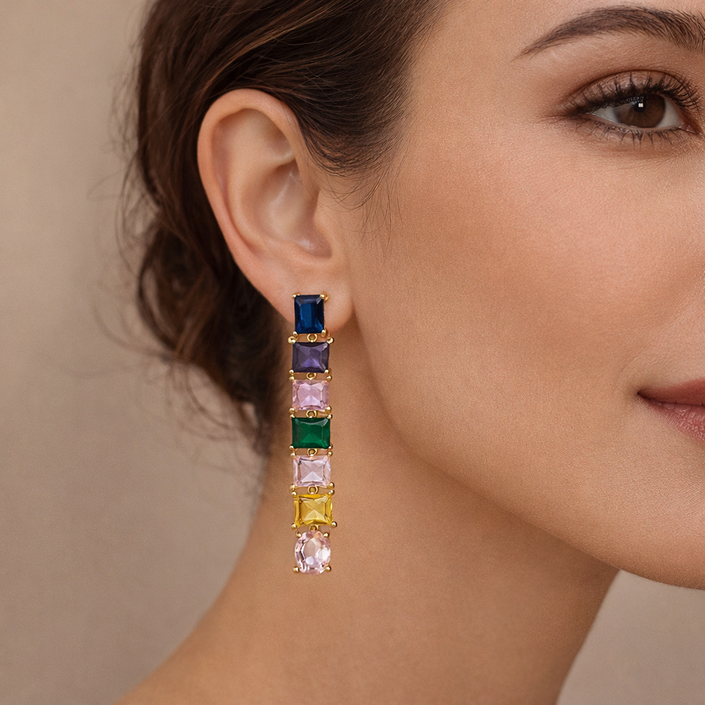 Bulk Multi Color Baguette Cut Gold Plated CZ Copper Dangler Earrings Secondary image