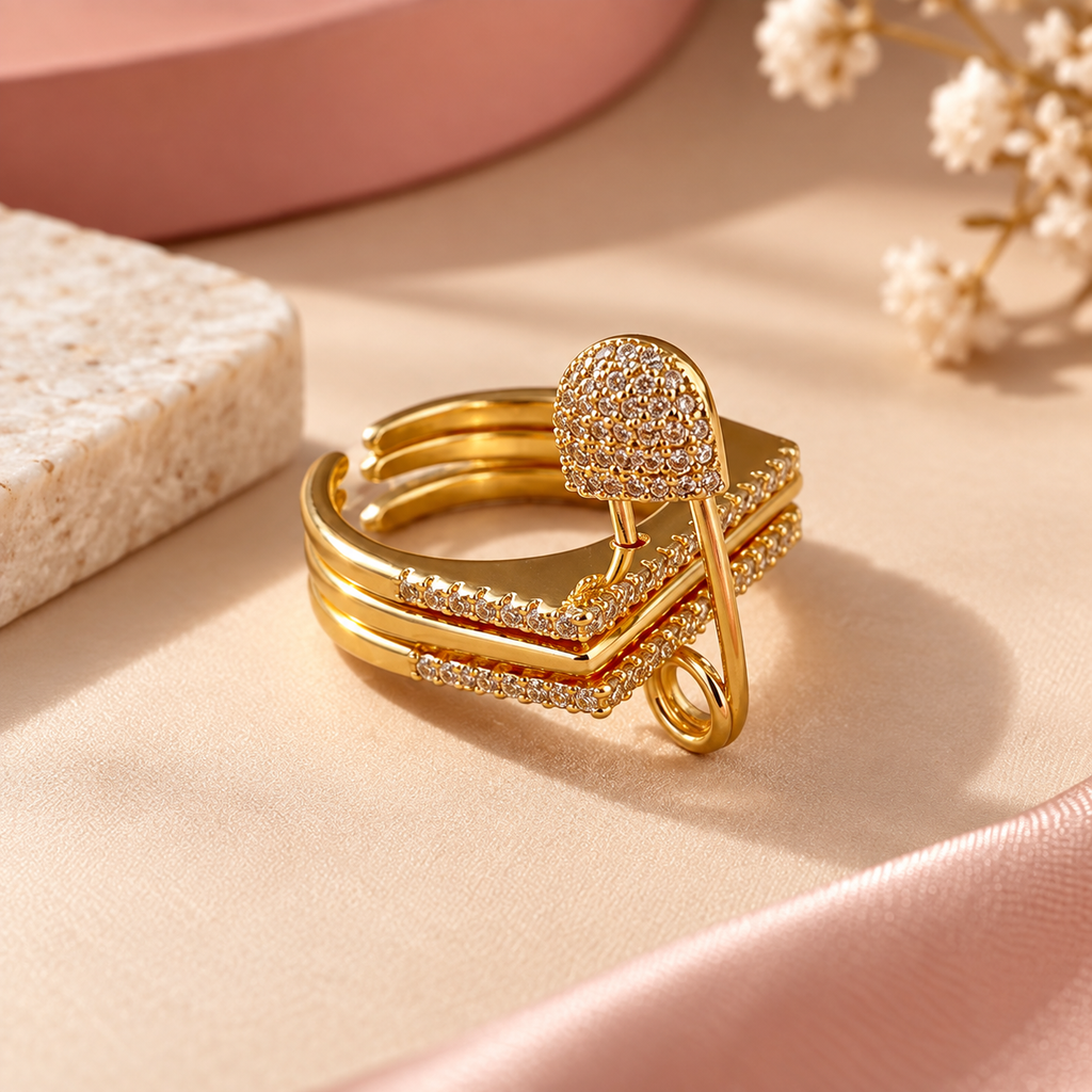 Designer Multi Layer Gold CZ Copper Anti Tarnish Cocktail Ring Bulk