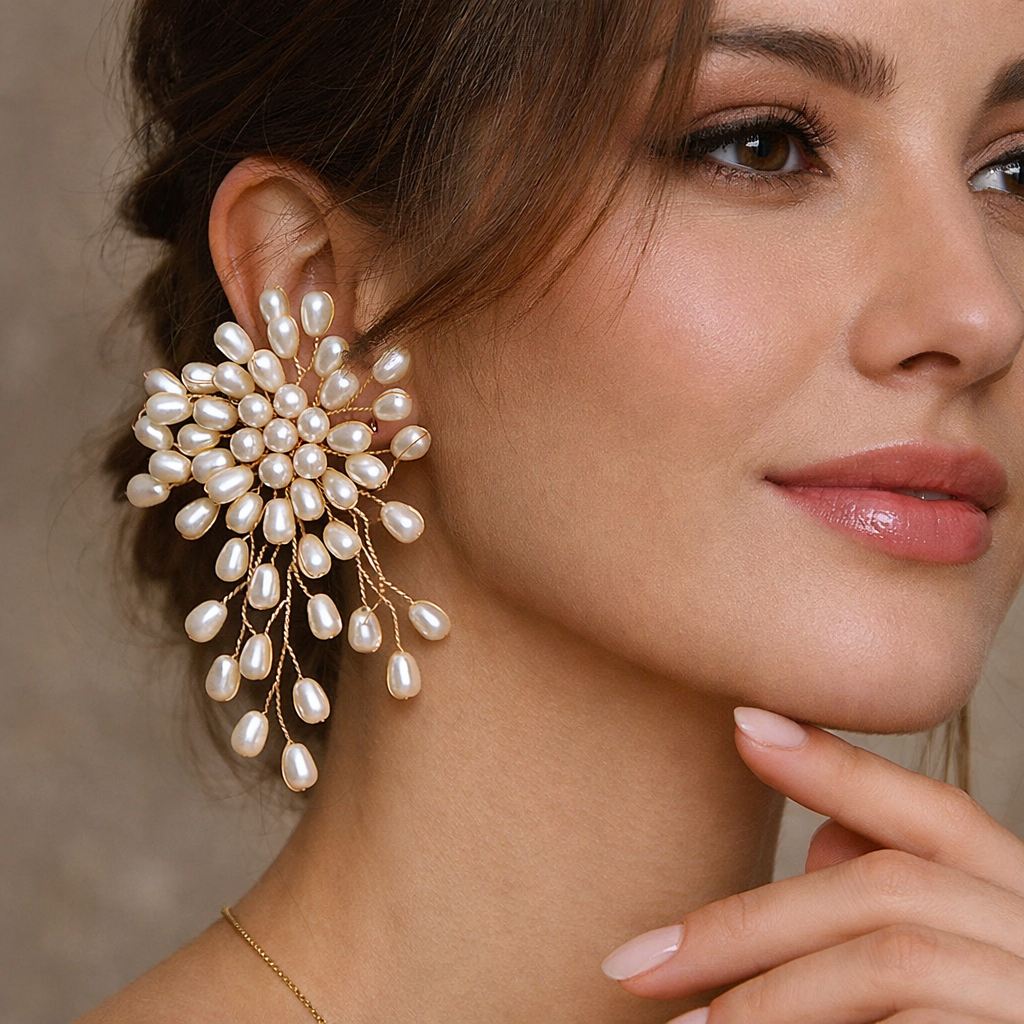 White Designer Floral Teardrop Gold Pearl Copper Drop Earrings Bulk