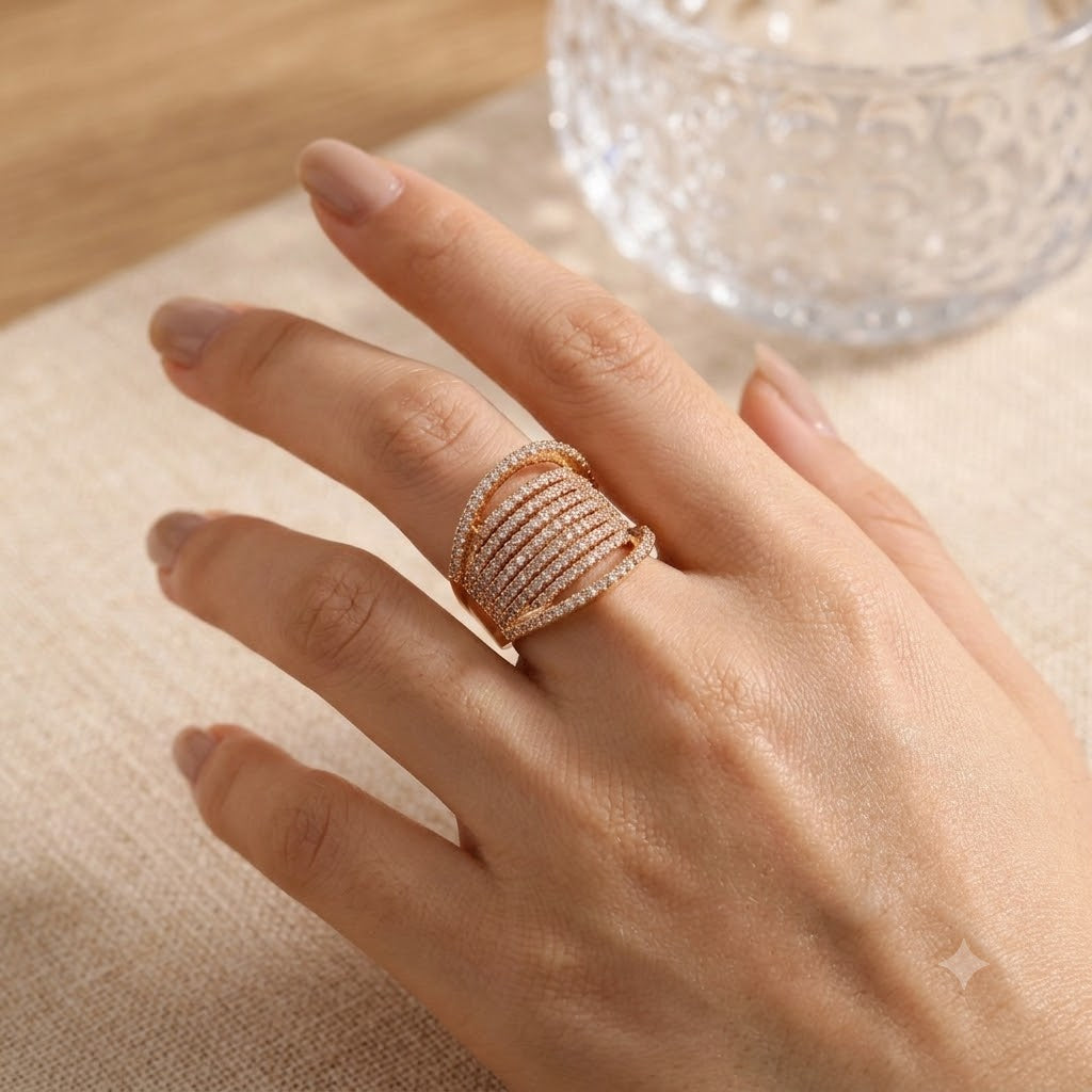 Luxury Multi Row Gold Plated CZ Copper Anti Tarnish Cocktail Ring Bulk