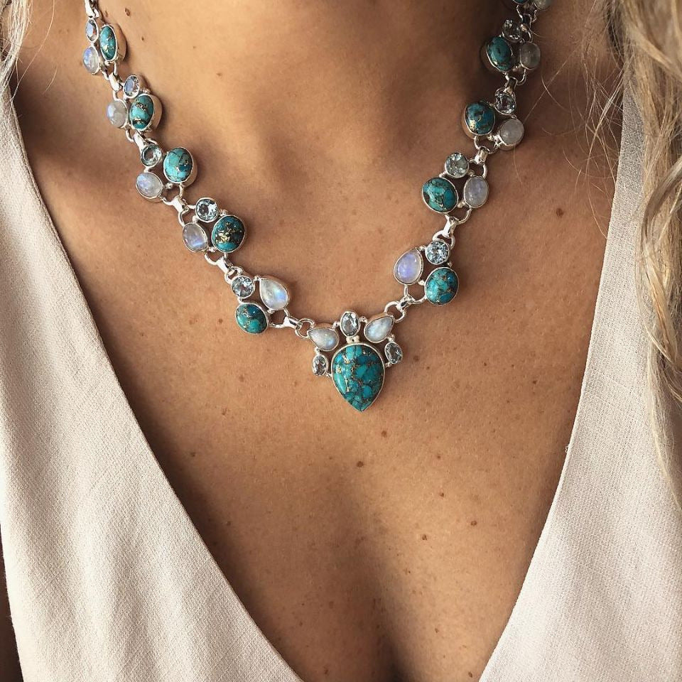 Pear Drop Turquoise Green Silver Crystal Necklace For Women Bulk