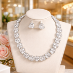 Pink White Designer Heart-Cut Gold CZ Copper Necklace Earring Set Bulk