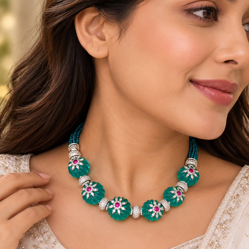 Designer Floral Green Beads Gold Silver Copper Necklace Earring Set Bulk