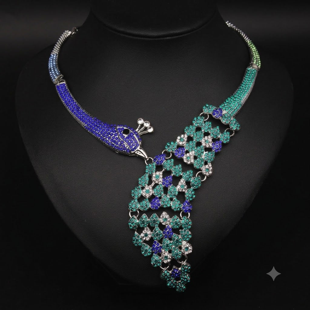 Peacock Style Silver Plated Blue Green & White Rhinestone Necklace Bulk