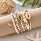White Cowrie Shell & Emerald Crystal Gold Pearl Beads Bracelet Bulk