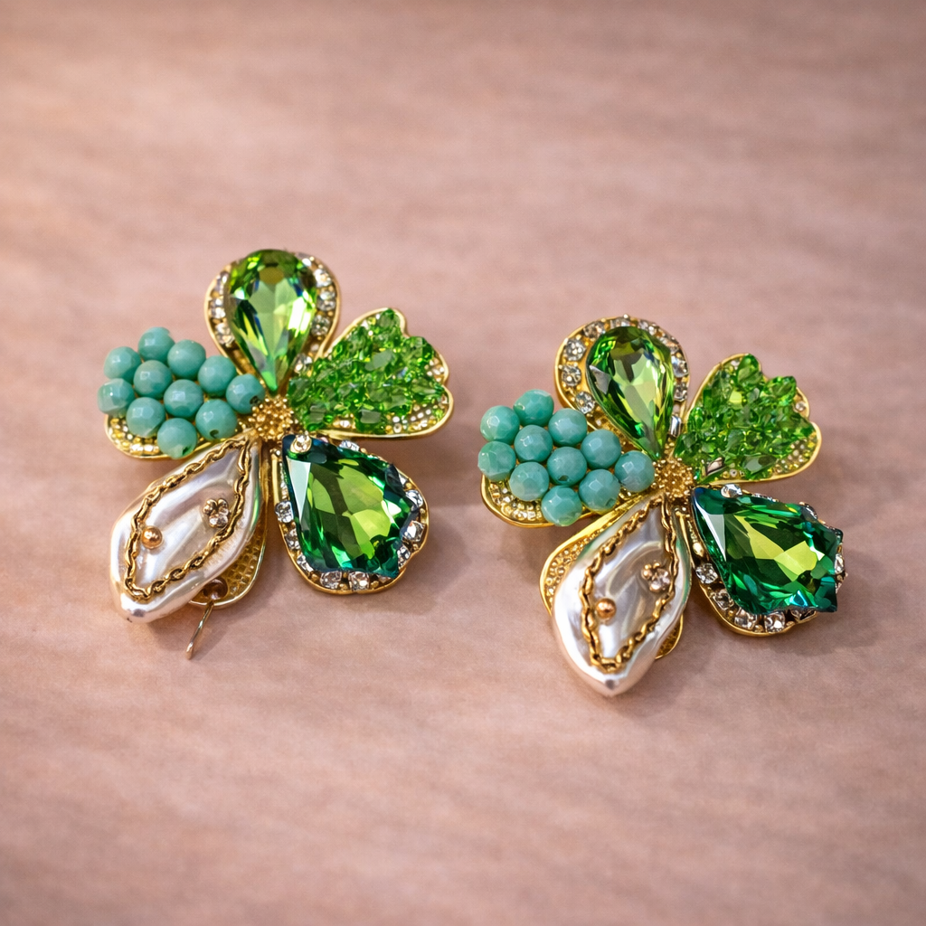 Bulk Green Flower Leaf Style Gold Rhinestone Stud Earrings