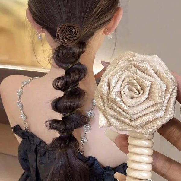 Brown White Rose Flower Spiral Hair Tie Fabric Hair Accessories Bulk Secondary image