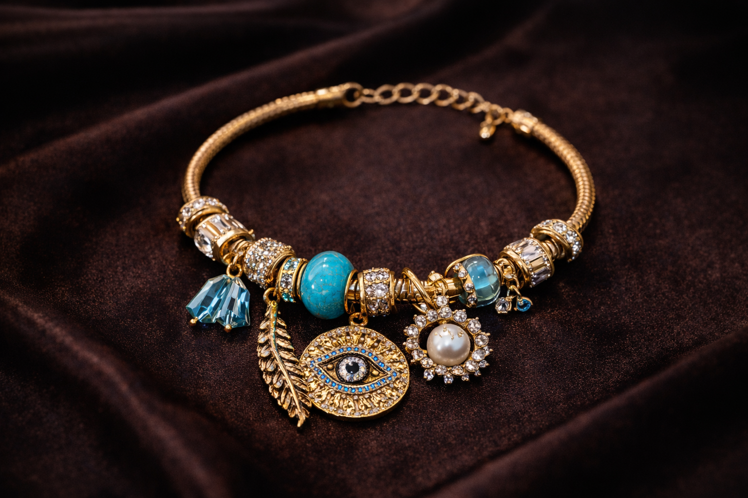 Bulk Blue Flower Evil Eye Gold CZ Pearl Stainless Steel Cuff & Kada Secondary image