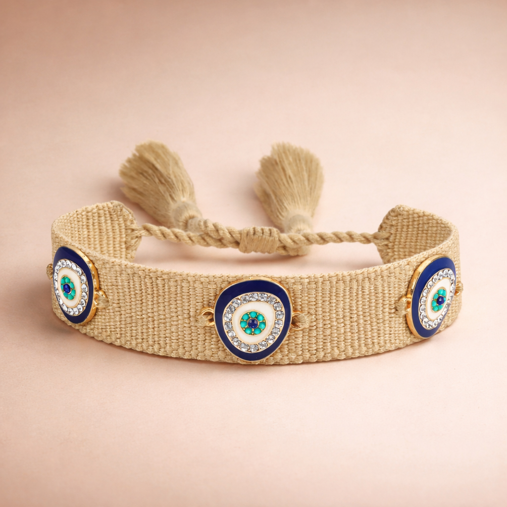 Bulk Gray Blue Evil Eye Gold Plated Rhinestone Thread Bracelet Main image