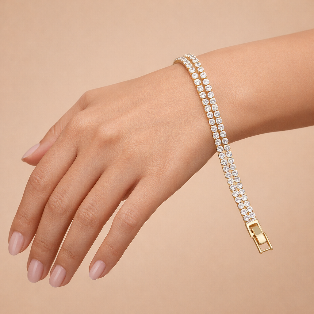Bulk Luxury Double Line Round Gold Silver Plated CZ Copper Bracelet