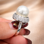 Elegant Dome Silver CZ Pearl Copper Anti Tarnish Cocktail Ring Bulk