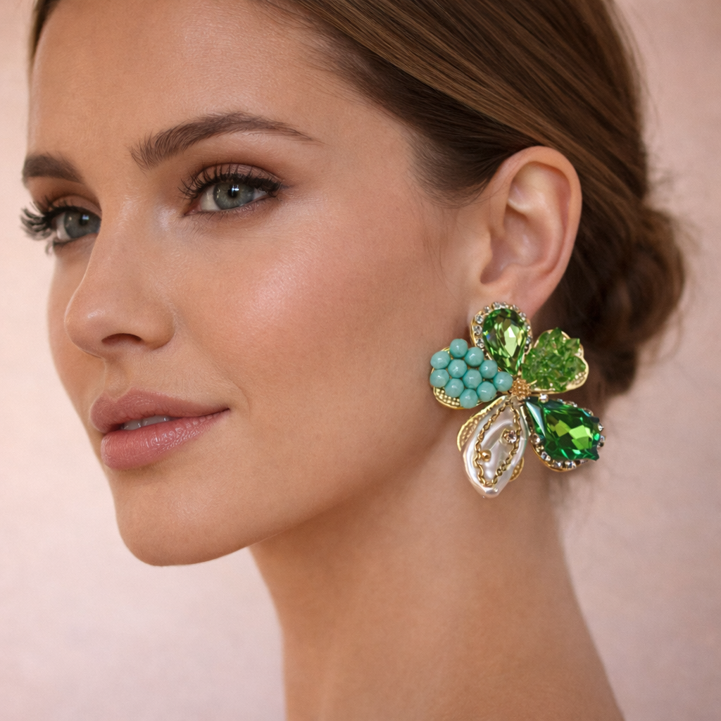 Bulk Green Flower Leaf Style Gold Rhinestone Stud Earrings