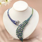 Peacock Style Silver Plated Blue Green & White Rhinestone Necklace Bulk