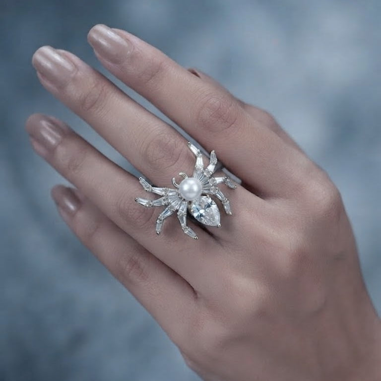 Designer Spider Gold Silver Plated CZ Pearl Copper Cocktail Ring Bulk