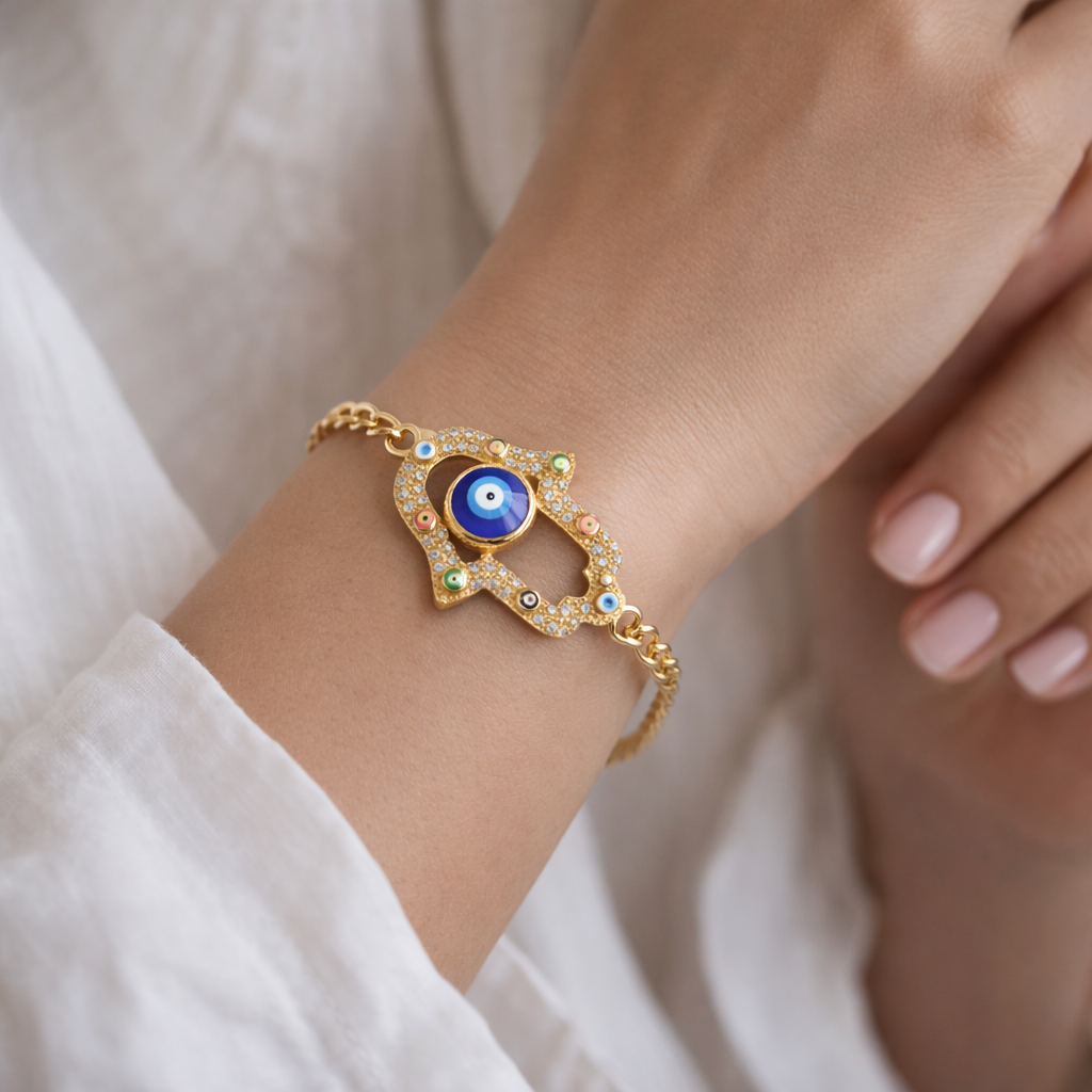 Bulk Blue White Hamsa Evil Eye Gold CZ Anti Tarnish Copper Bracelet