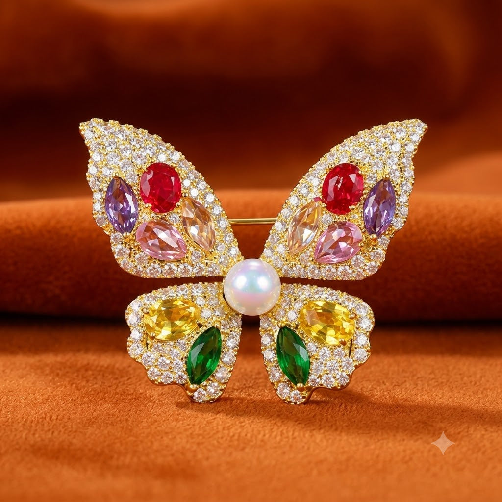 Multi Color Butterfly Gold CZ Pearl Copper Anti Tarnish Brooch Bulk