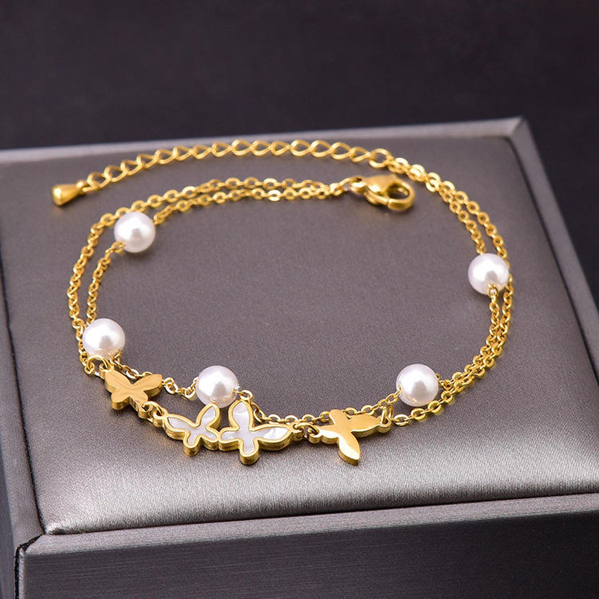 Butterfly Dual Layer Link Chain Mother Of Pearl Pearl White 18K Gold Stainless Steel Anti Tarnish Single Anklet For Women Secondary image