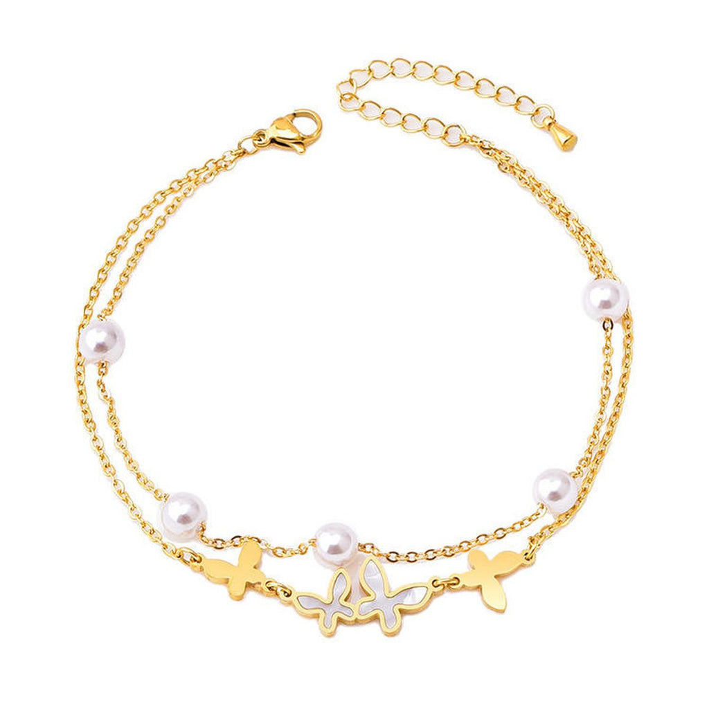 Butterfly Dual Layer Link Chain Mother Of Pearl Pearl White 18K Gold Stainless Steel Anti Tarnish Single Anklet For Women