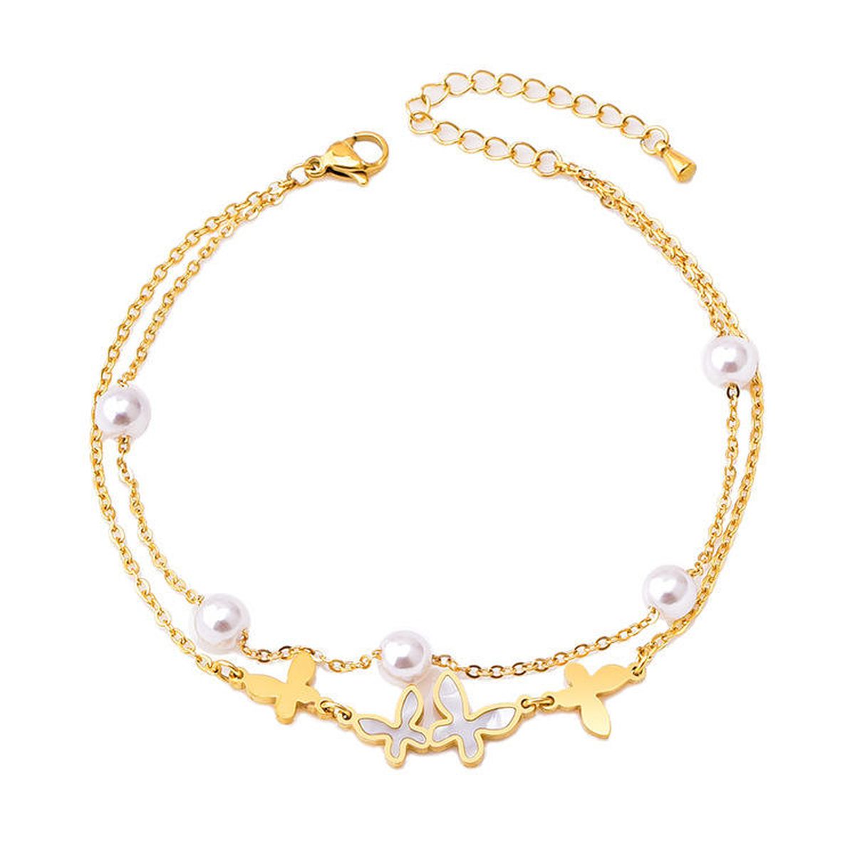 Butterfly Dual Layer Link Chain Mother Of Pearl Pearl White 18K Gold Stainless Steel Anti Tarnish Single Anklet For Women