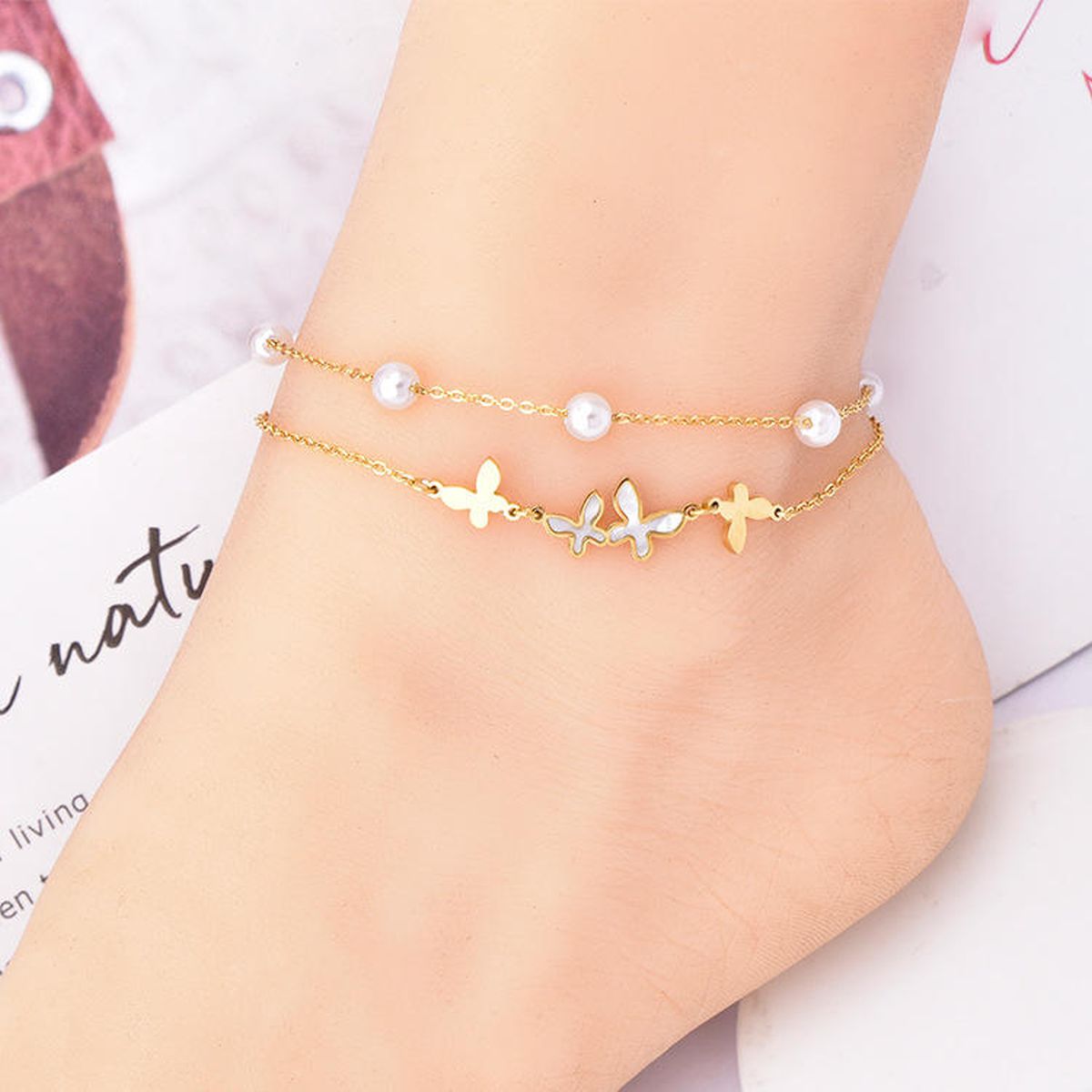 Butterfly Dual Layer Link Chain Mother Of Pearl Pearl White 18K Gold Stainless Steel Anti Tarnish Single Anklet For Women Main image
