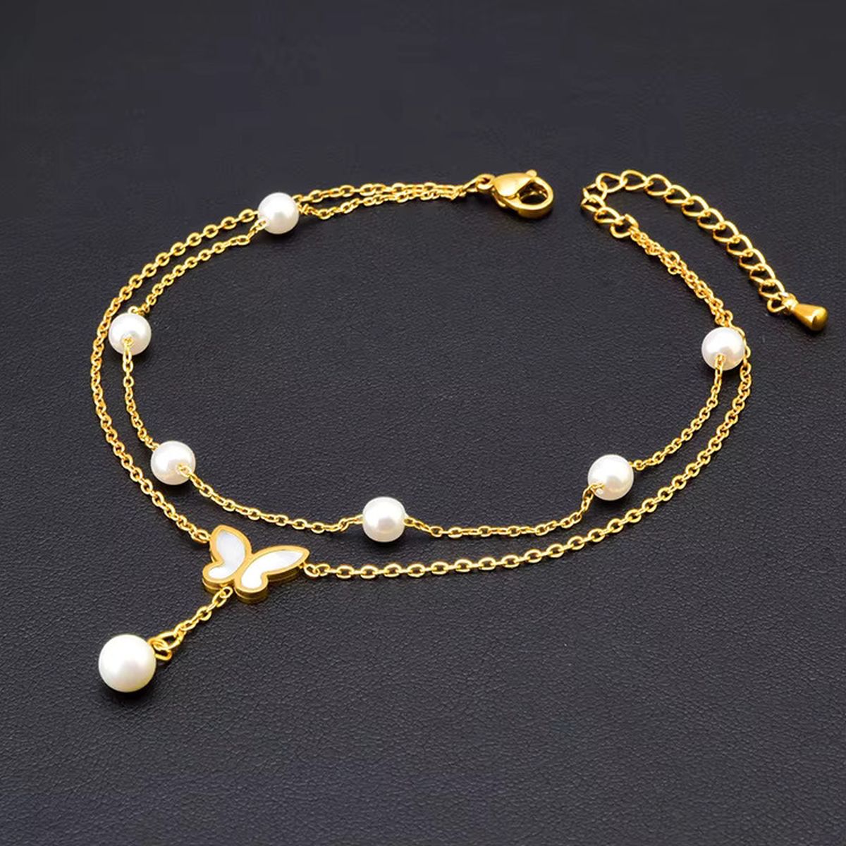Butterfly Dual Link Chain Mother Of Pearl Pearl White 18K Gold Stainless Steel Anti Tarnish Single Anklet For Women Secondary image