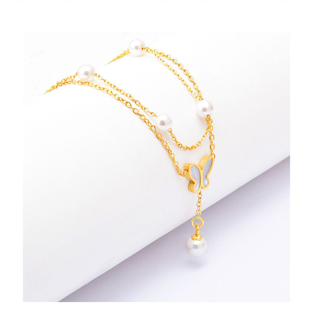 Butterfly Dual Link Chain Mother Of Pearl Pearl White 18K Gold Stainless Steel Anti Tarnish Single Anklet For Women