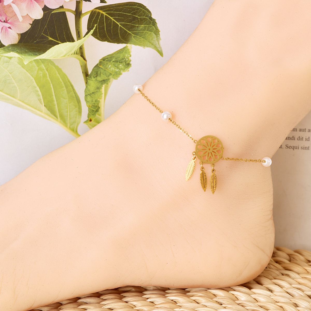 Flower Leaf Pearl White 18K Gold Stainless Steel Anti Tarnish Single Anklet For Women Secondary image