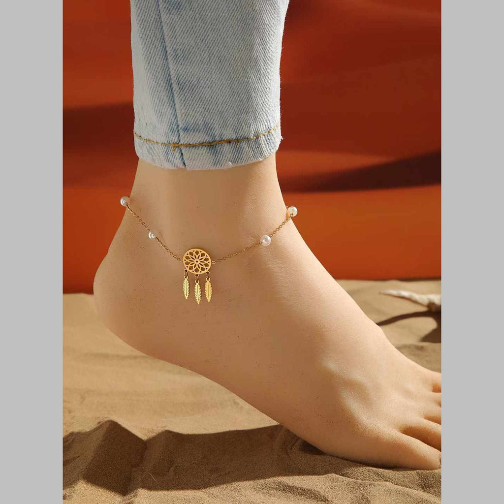 Flower Leaf Pearl White 18K Gold Stainless Steel Anti Tarnish Single Anklet For Women