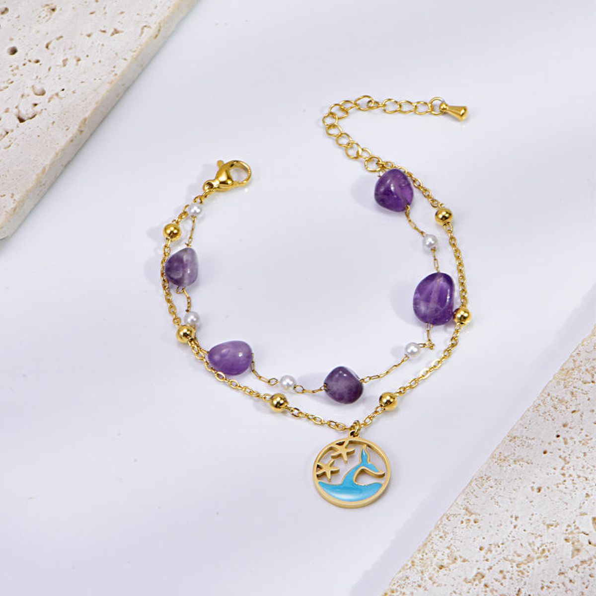 Fish Star Dual Layer Chain Beads Pearl Purple 18K Gold Stainless Steel Anti Tarnish Single Anklet For Women Secondary image