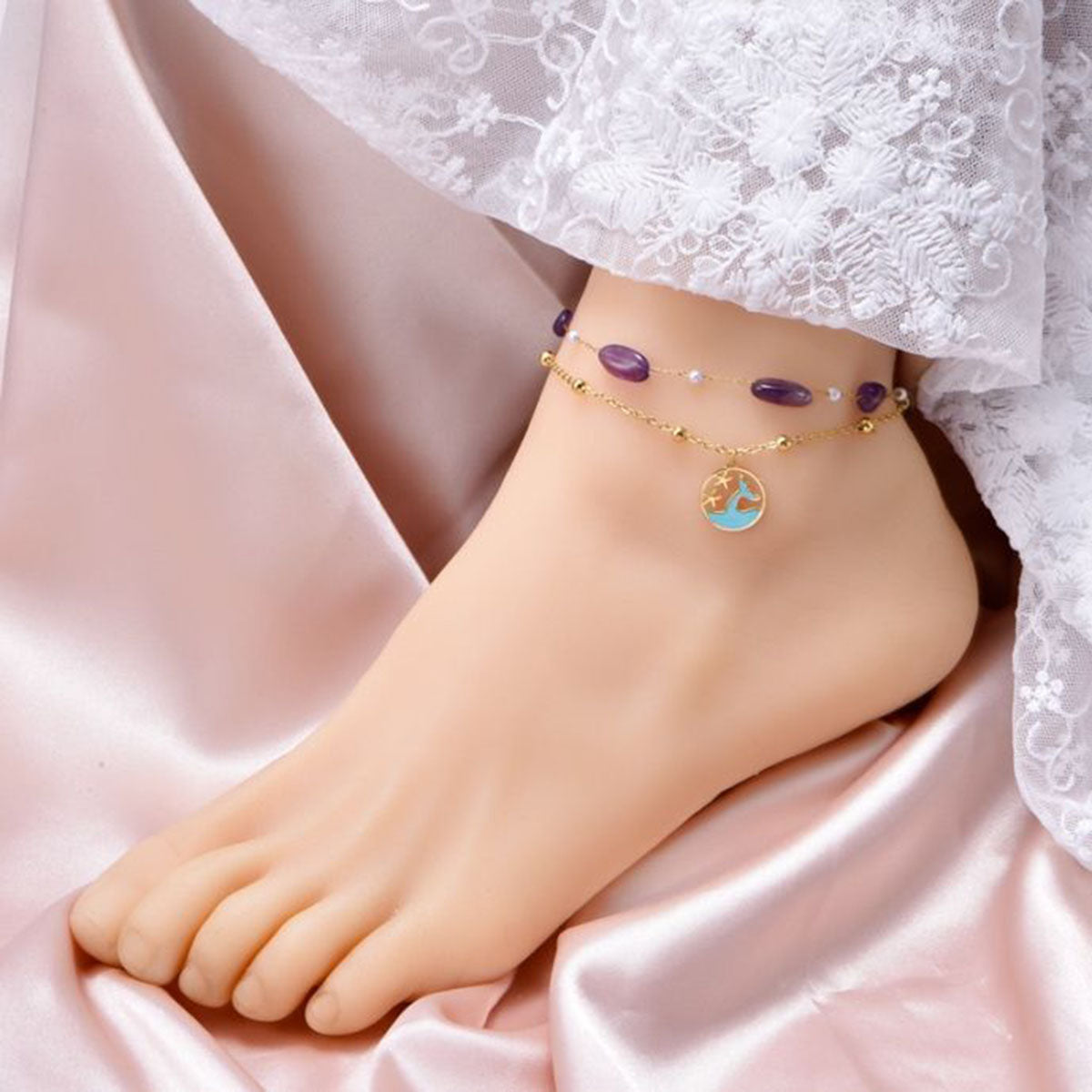 Fish Star Dual Layer Chain Beads Pearl Purple 18K Gold Stainless Steel Anti Tarnish Single Anklet For Women Main image