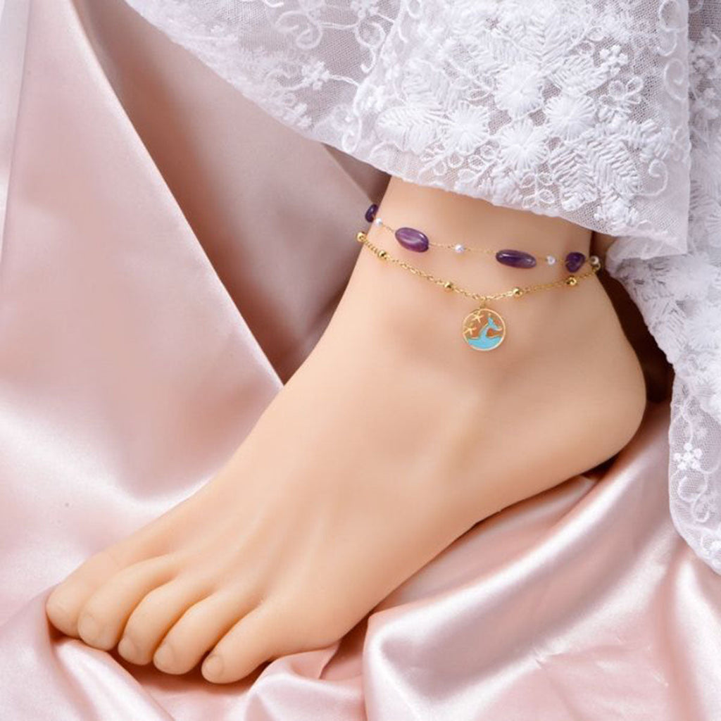 Fish Star Dual Layer Chain Beads Pearl Purple 18K Gold Stainless Steel Anti Tarnish Single Anklet For Women