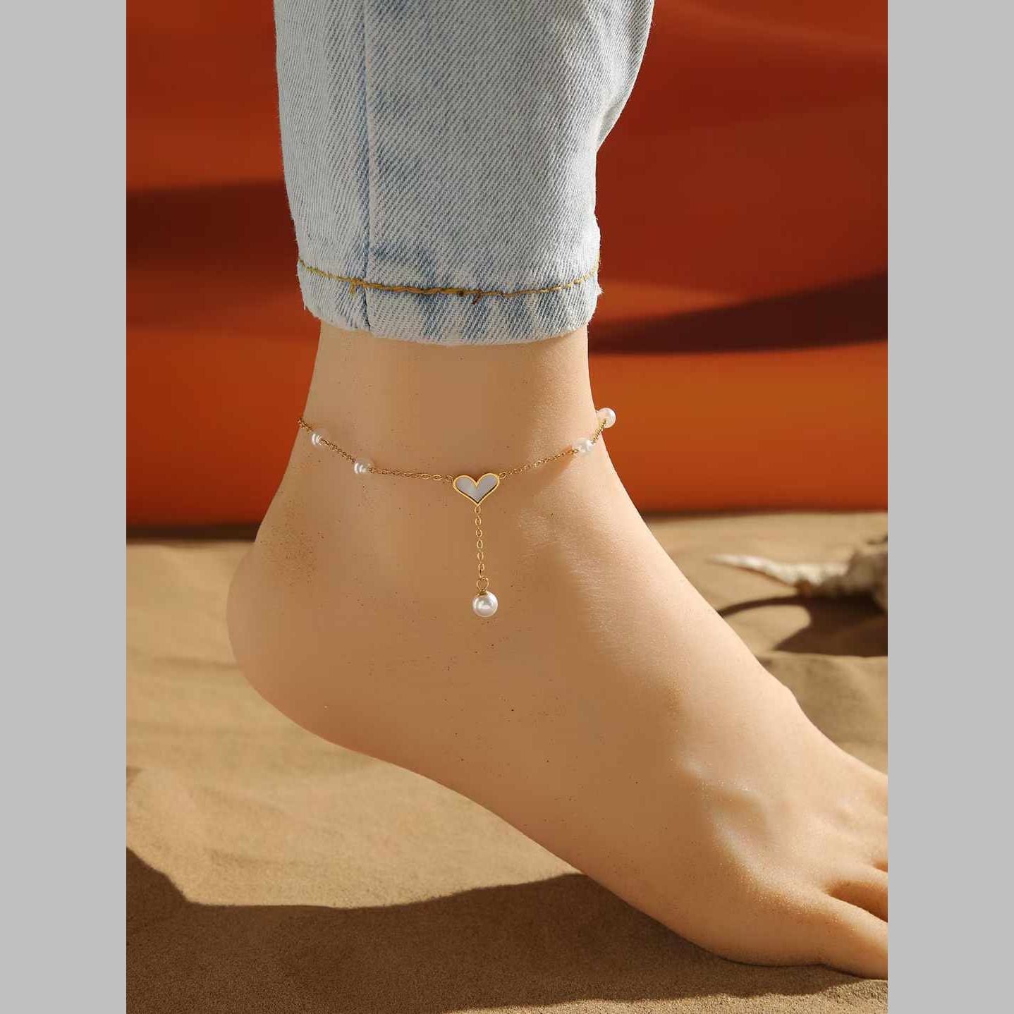 Heart Link Chain Mother Of Pearl Pearl White 18K Gold Stainless Steel Anti Tarnish Single Anklet For Women Main image