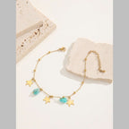 Star Link Chain Beads Green 18K Gold Stainless Steel Anti Tarnish Single Anklet For Women