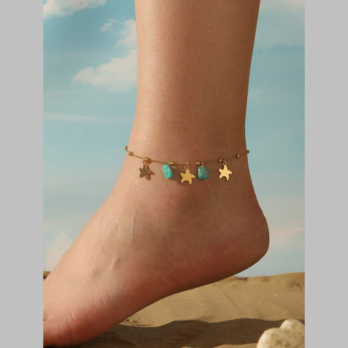 Star Link Chain Beads Green 18K Gold Stainless Steel Anti Tarnish Single Anklet For Women Main image