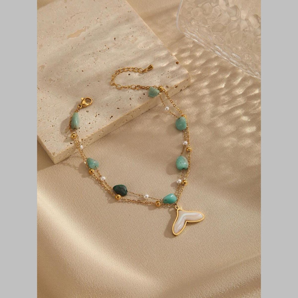 Dual Link Chain Mother Of Pearl Turquish Green Beads 18K Gold Stainless Steel Anti Tarnish Single Anklet For Women Secondary image